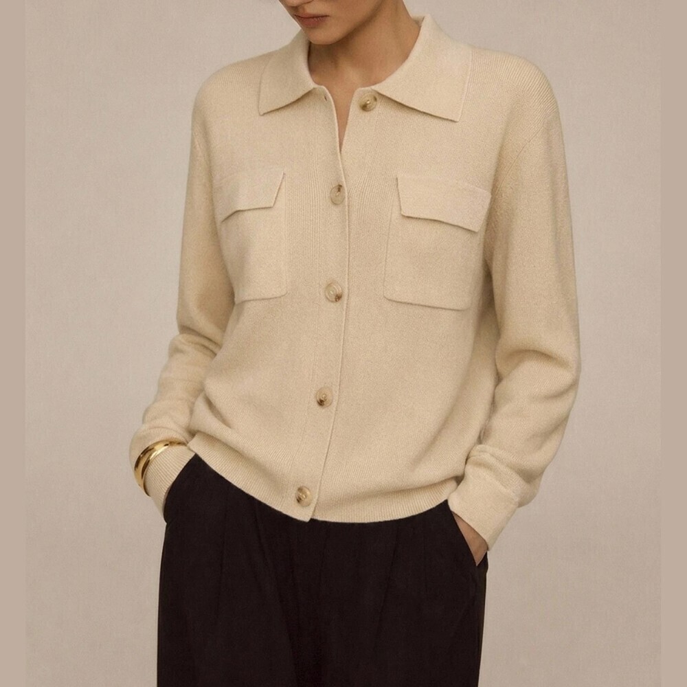Cream Knit Button Front Collared Shirt Jacket Cardigan